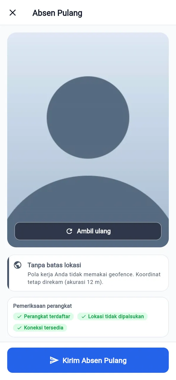 Layar absen dengan selfie, status lokasi, dan hasil pemeriksaan perangkat