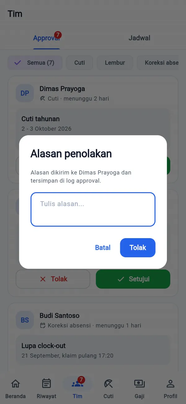 Dialog penolakan pengajuan dengan alasan wajib