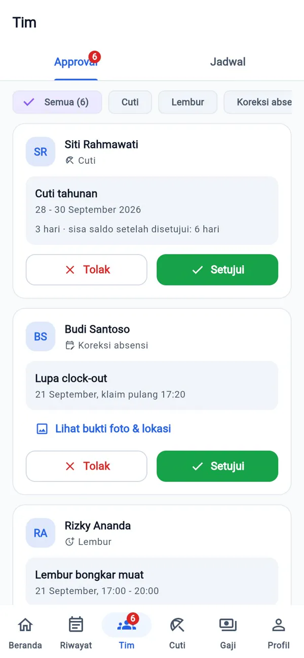 Tab Tim atasan berisi antrean approval cuti, koreksi absensi, dan lembur