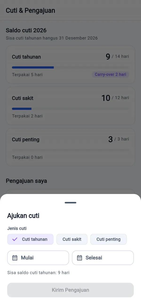 Form pengajuan cuti dengan sisa saldo
