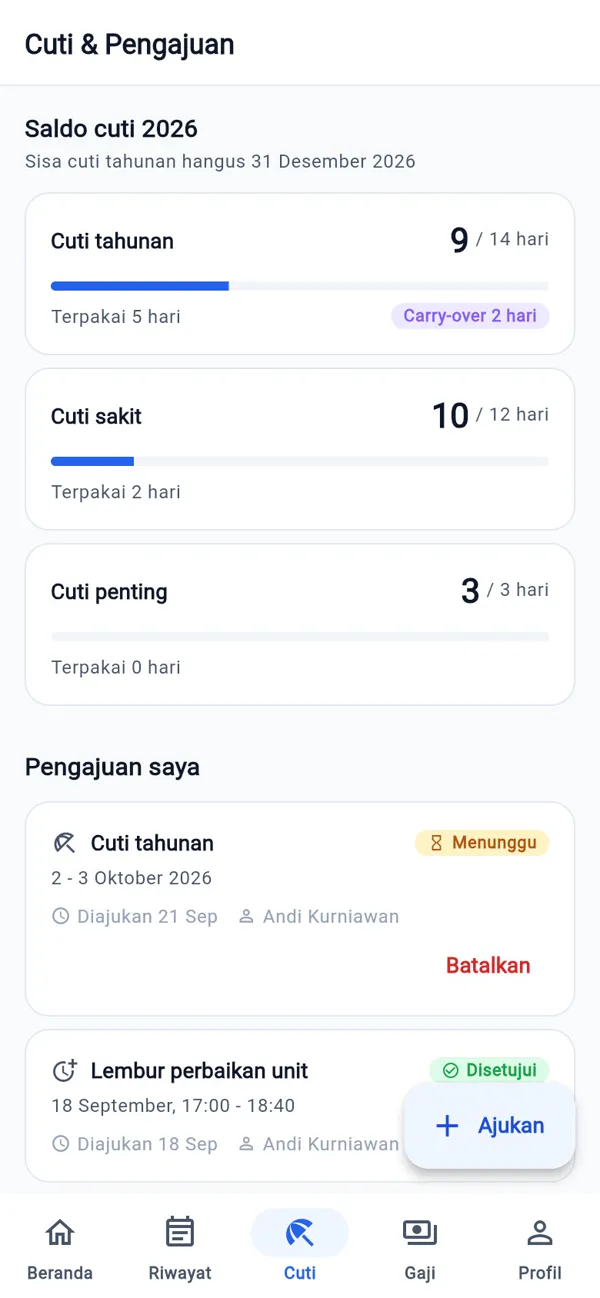 Saldo cuti dan daftar status pengajuan