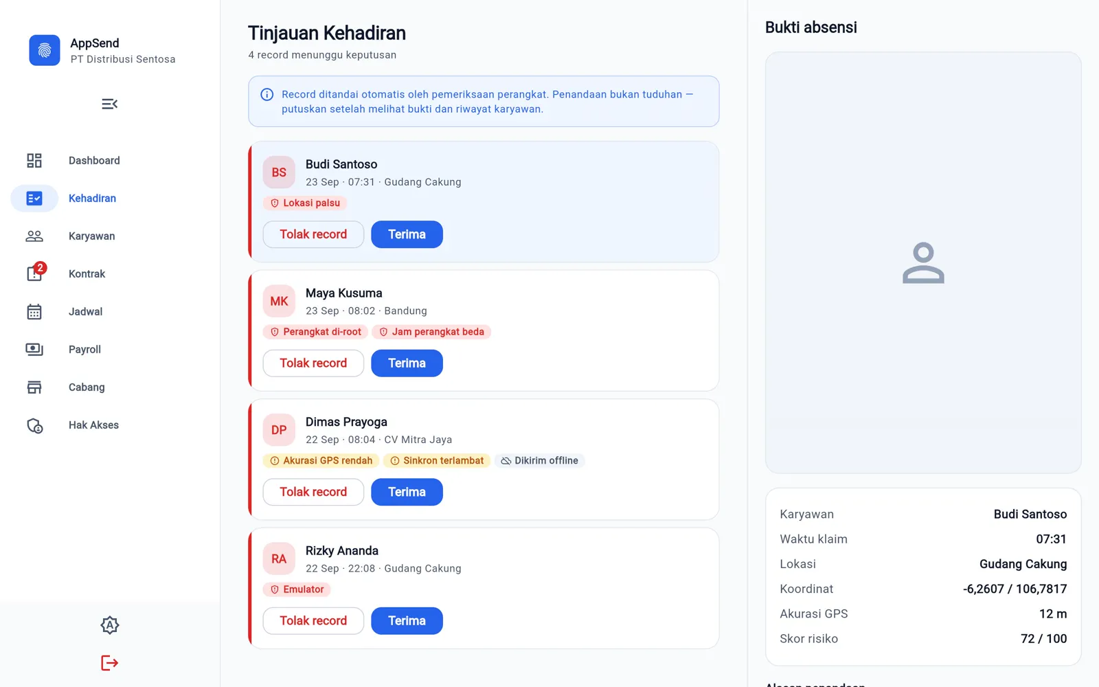 Panel tinjauan kehadiran: antrean absen bertanda dan bukti absensi