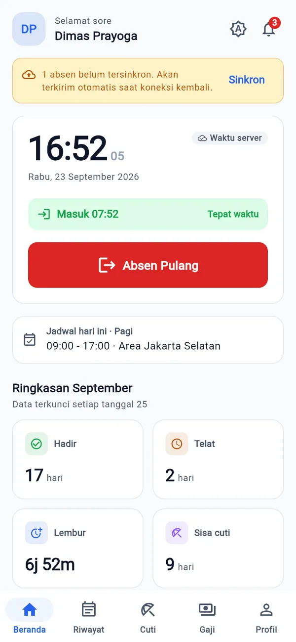 Beranda karyawan: jam server, tombol absen pulang, jadwal hari ini, dan ringkasan bulan