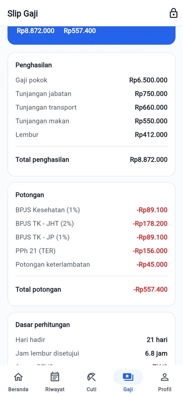 Rincian slip gaji: penghasilan, potongan BPJS, PPh 21, dan dasar perhitungan