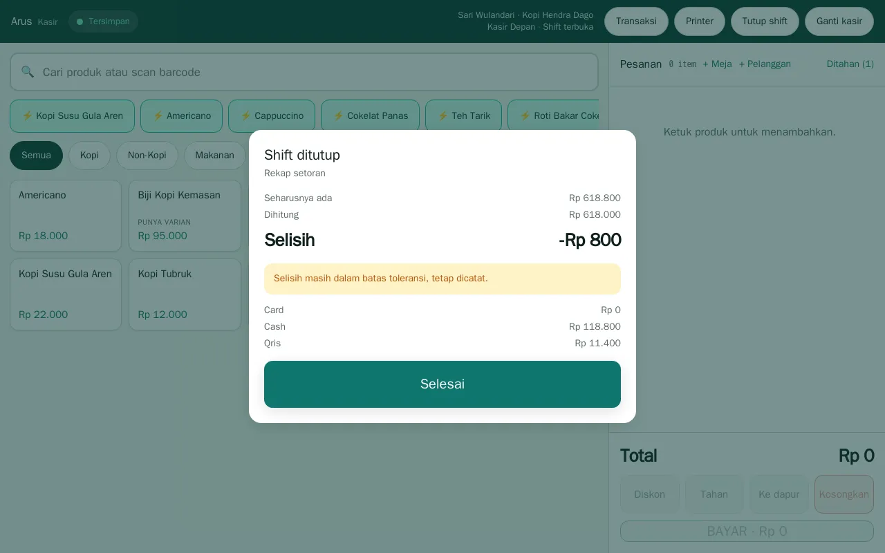 Rekap setoran shift dengan selisih kas