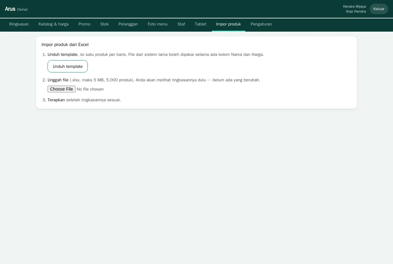 Halaman impor produk dari Excel