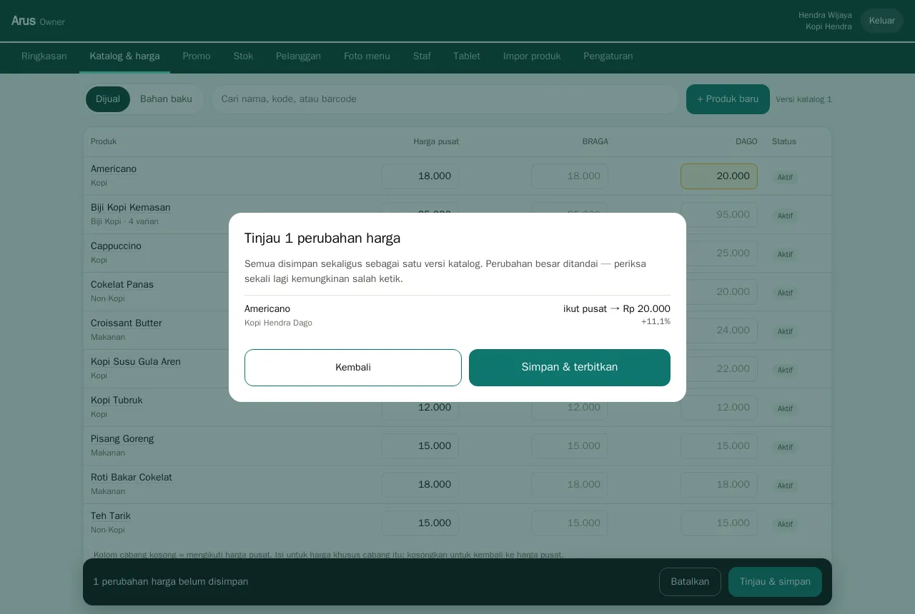 Dialog tinjau perubahan harga