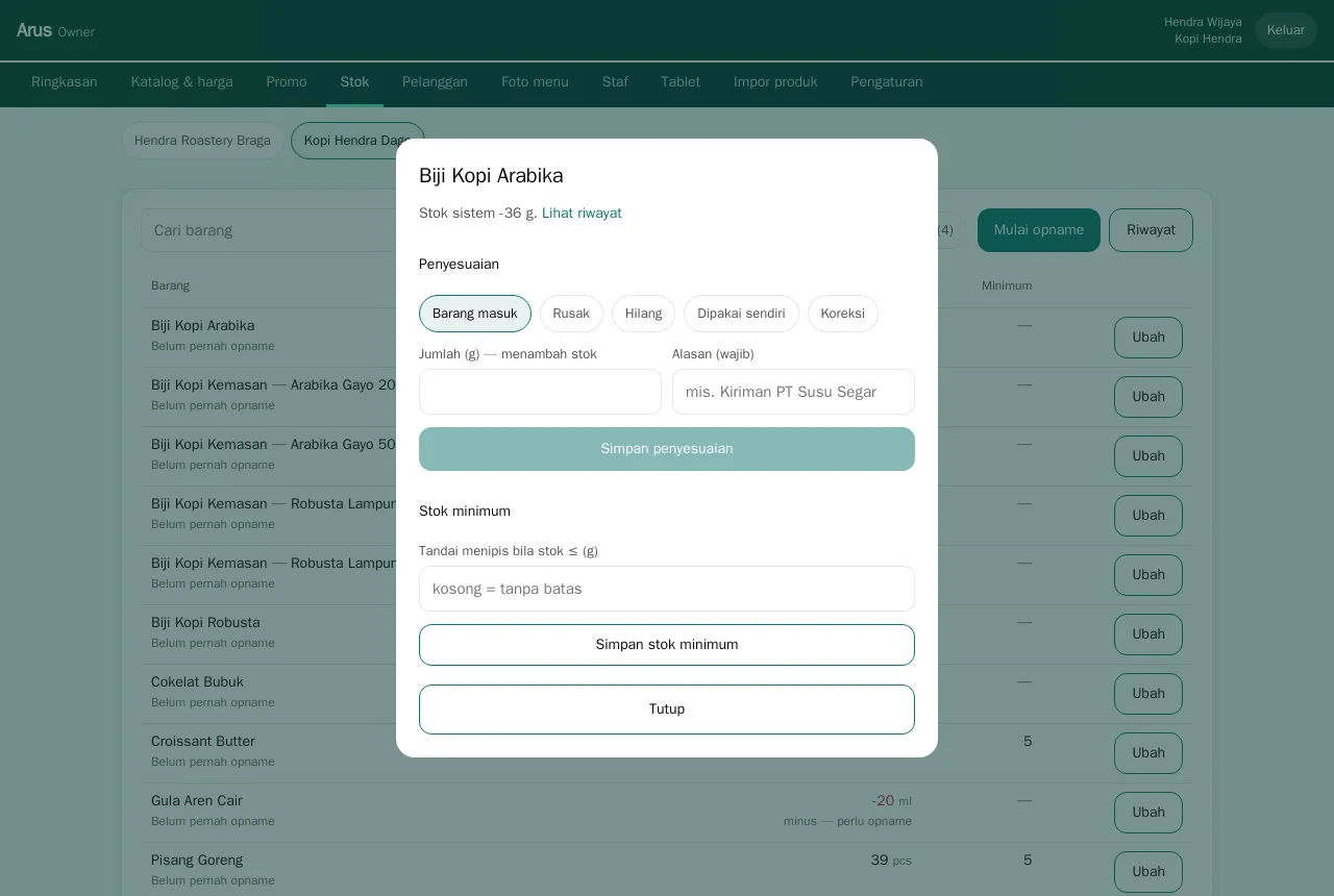 Dialog penyesuaian stok dan stok minimum